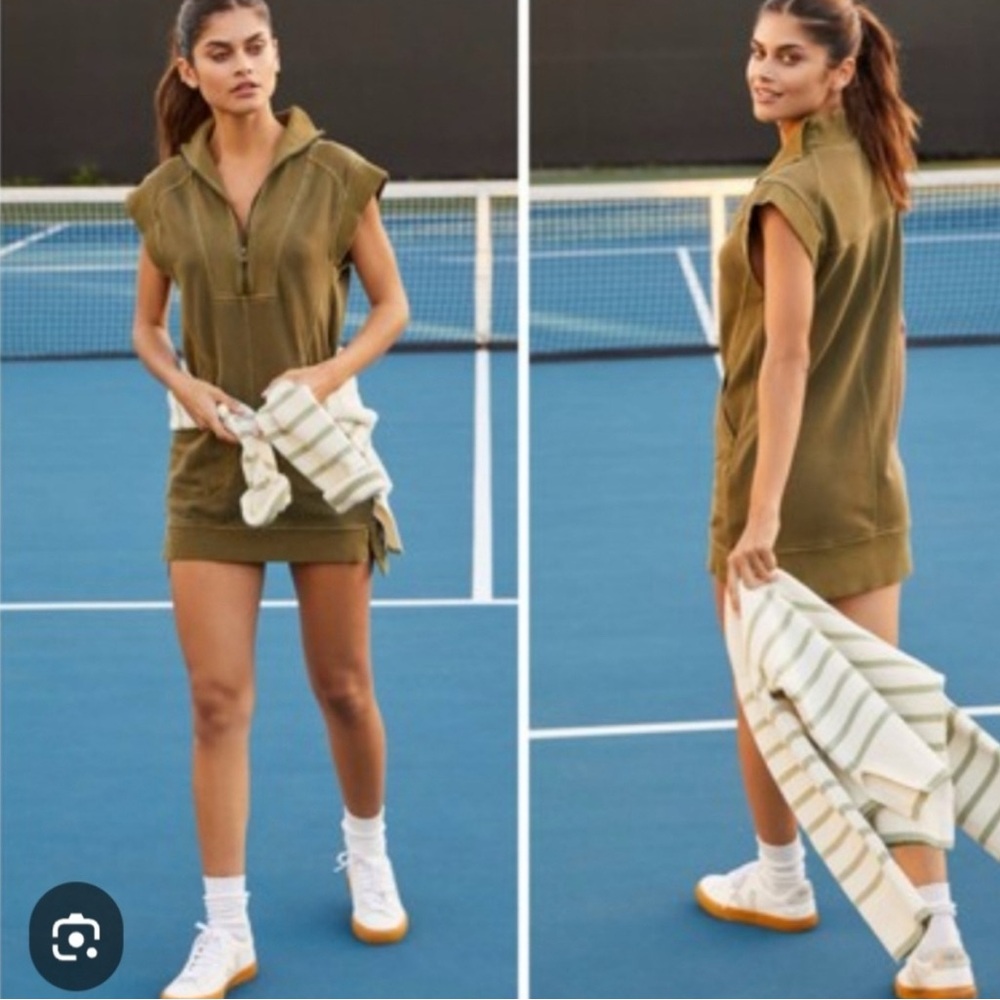 Anthropologie Daily Practice Meru Zip-Front Sweatshirt Mini Dress in Olive Green